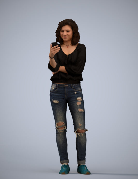 3D human model woman casual standing, photogrammetry scanned person for archviz