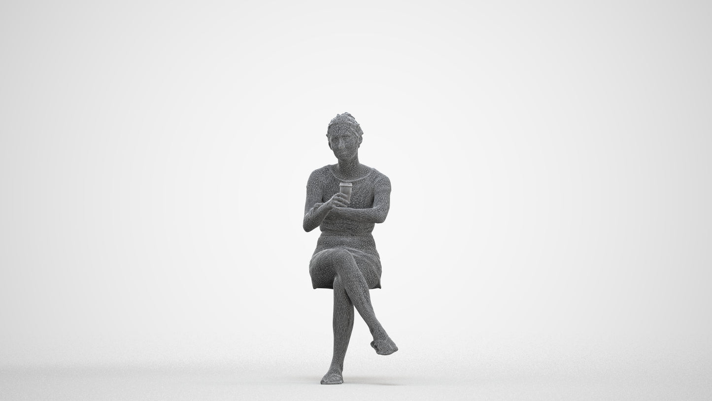 scanned 3D woman casual sitting, photogrammetry people for Enscape and V-Ray, three-quarter front view render