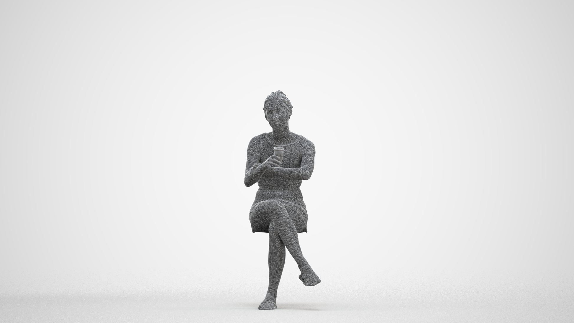 scanned 3D woman casual sitting, photogrammetry people for Enscape and V-Ray, three-quarter front view render