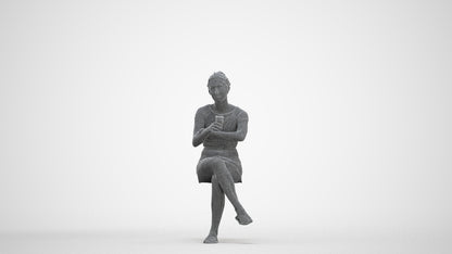 scanned 3D woman casual sitting, photogrammetry people for Enscape and V-Ray, three-quarter front view render