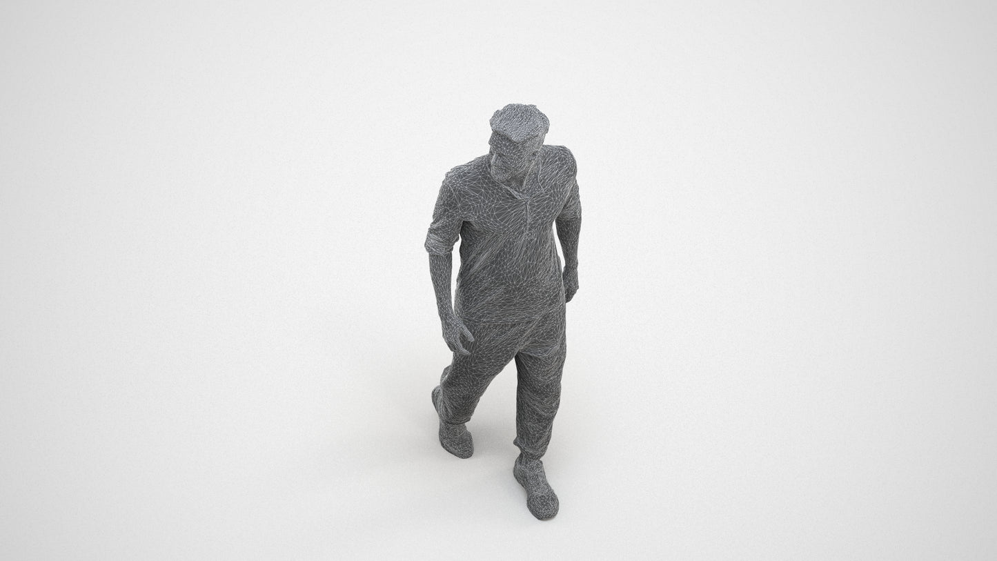 realistic 3D human man casual walking, archviz people FBX OBJ for Blender, wireframe three-quarter view