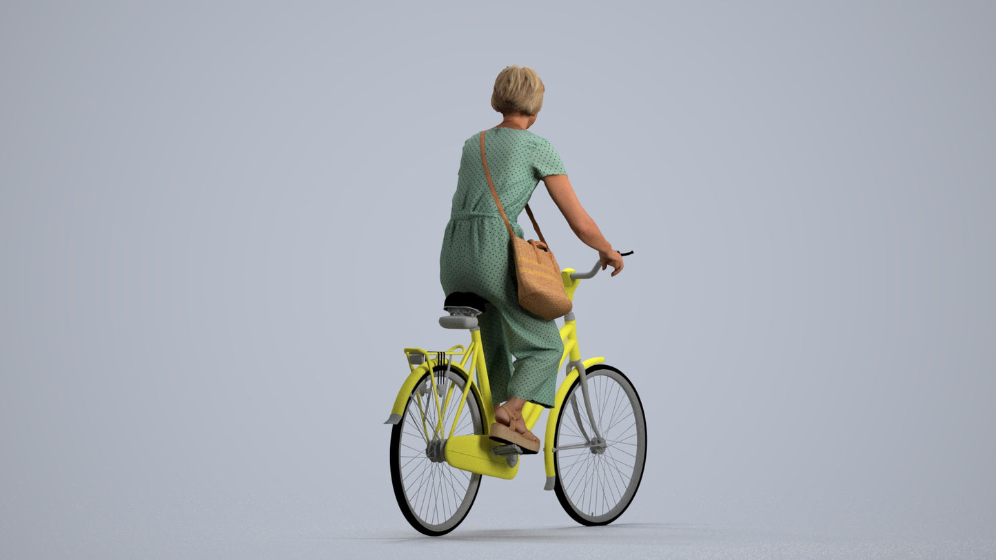 3D scanned senior woman cycling casual, photorealistic archviz people for Enscape and SketchUp, front view render