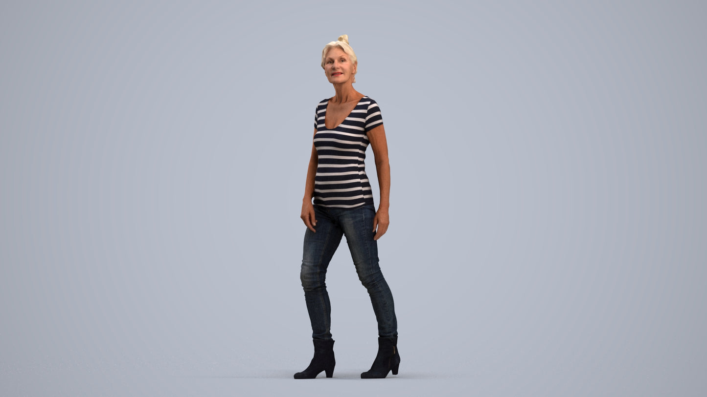 realistic 3D human senior woman casual walking, archviz people FBX OBJ for Blender, standing pose render