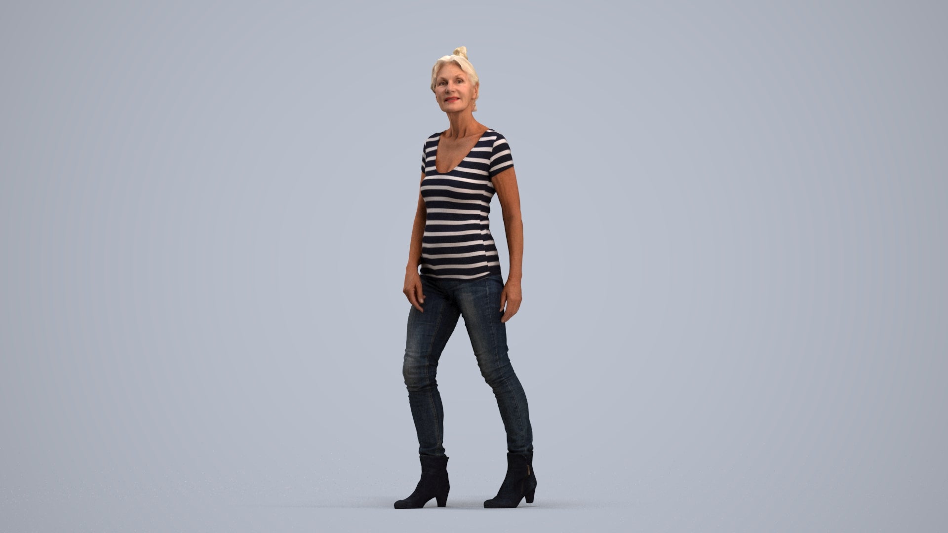 realistic 3D human senior woman casual walking, archviz people FBX OBJ for Blender, standing pose render