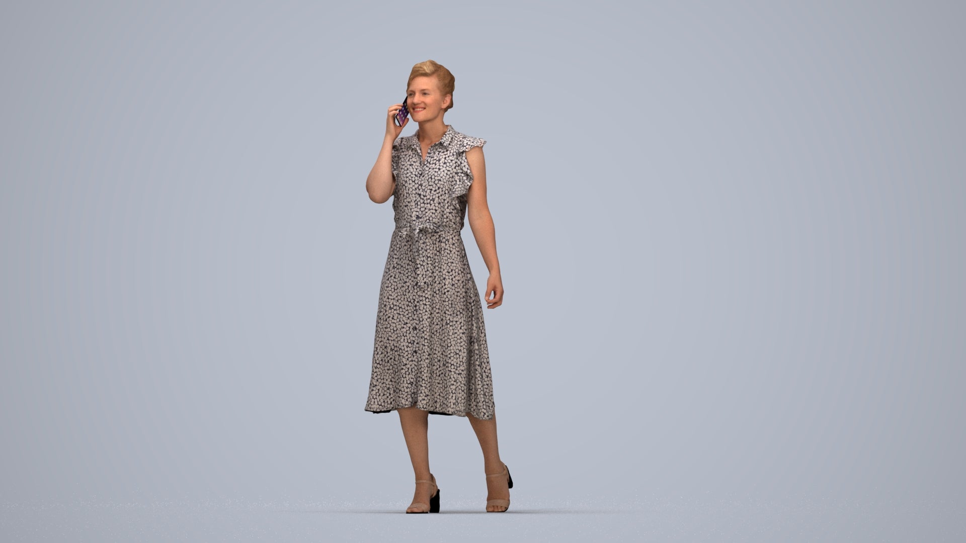 realistic 3D human woman casual walking, archviz people FBX OBJ for Blender, top-down view render