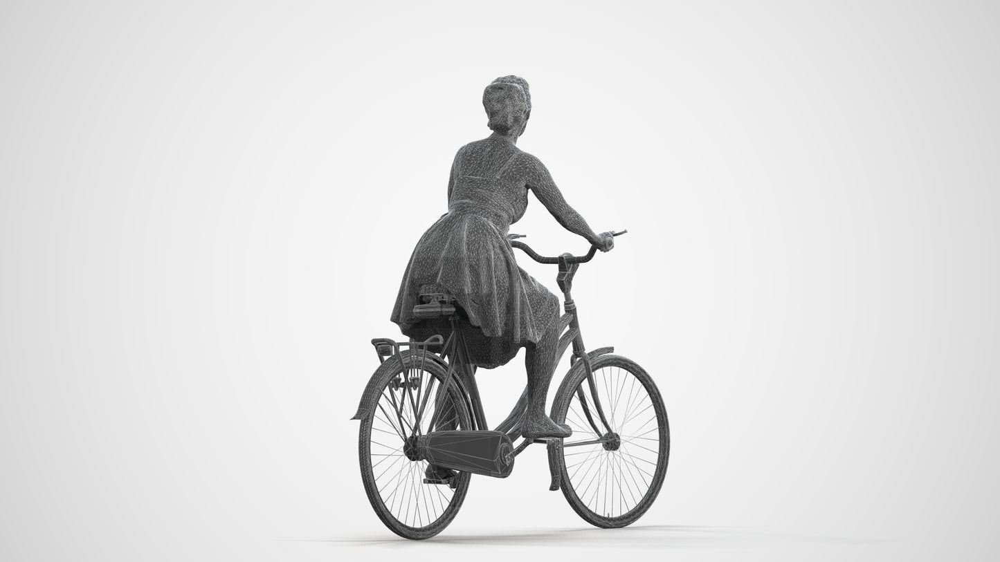 realistic 3D human woman formal cycling, archviz people FBX OBJ for Blender, wireframe front view