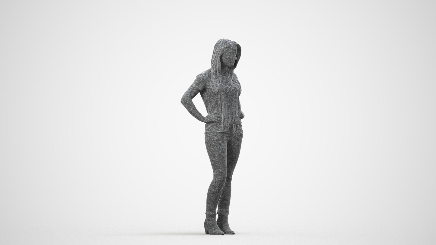 realistic 3D human woman casual standing, archviz people FBX OBJ for Blender, wireframe side view