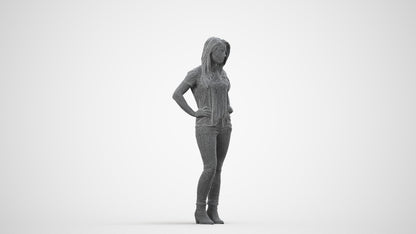 realistic 3D human woman casual standing, archviz people FBX OBJ for Blender, wireframe side view