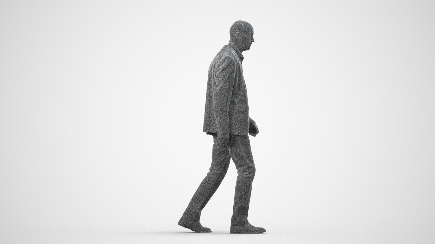 3D human model senior man business, photogrammetry scanned person for archviz, wireframe side view