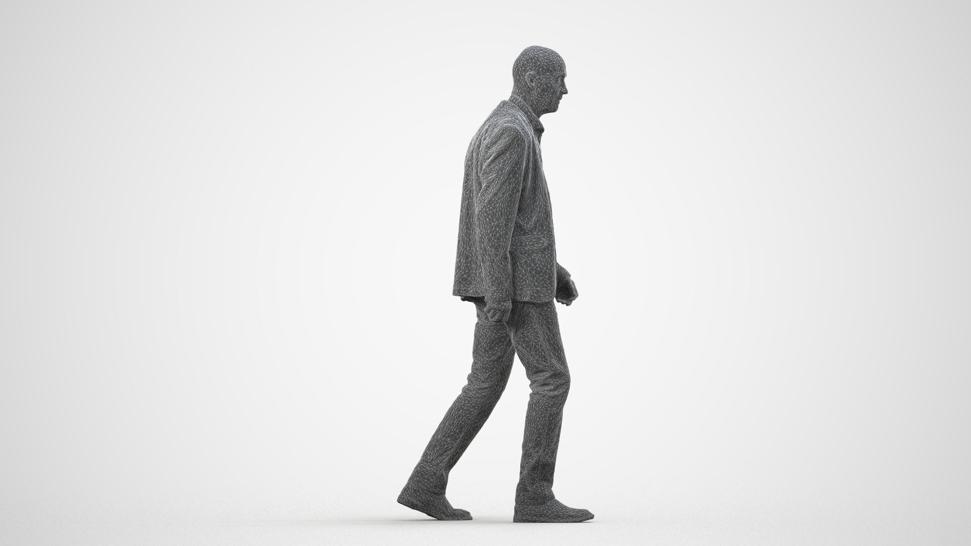 3D human model senior man business, photogrammetry scanned person for archviz, wireframe side view