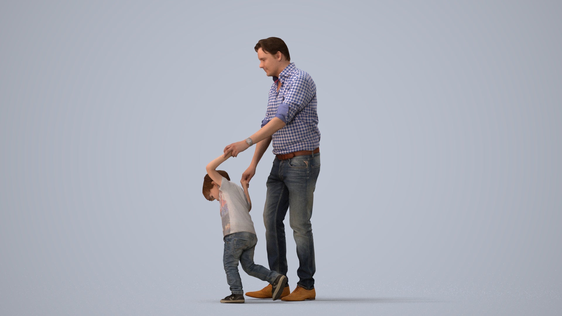 3D human model boy casual kids, photogrammetry scanned person for archviz, three-quarter view render