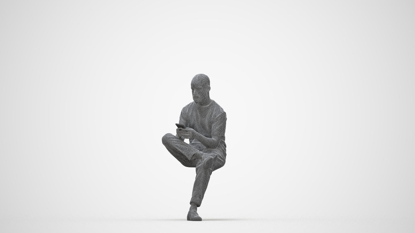 photogrammetry 3D man casual sitting, realistic human model archviz FBX, wireframe back view