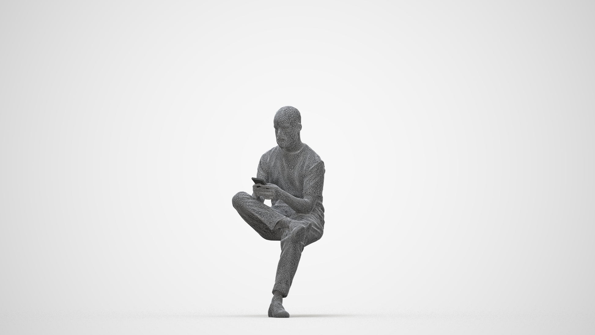 photogrammetry 3D man casual sitting, realistic human model archviz FBX, wireframe back view