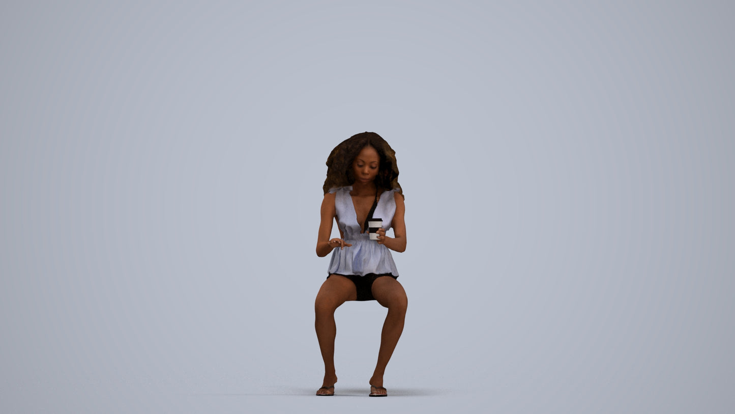 3D human model woman casual sitting, photogrammetry scanned person for archviz, standing pose render