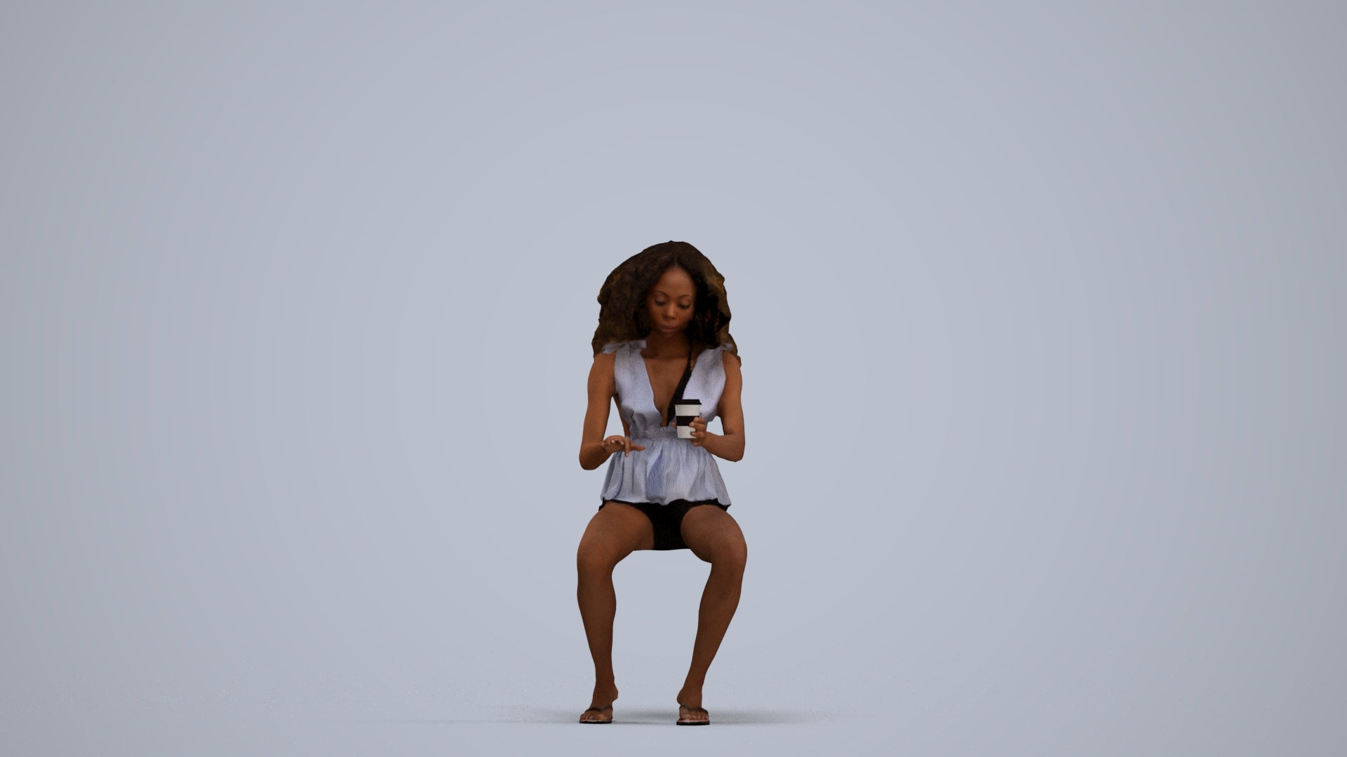 3D human model woman casual sitting, photogrammetry scanned person for archviz, standing pose render