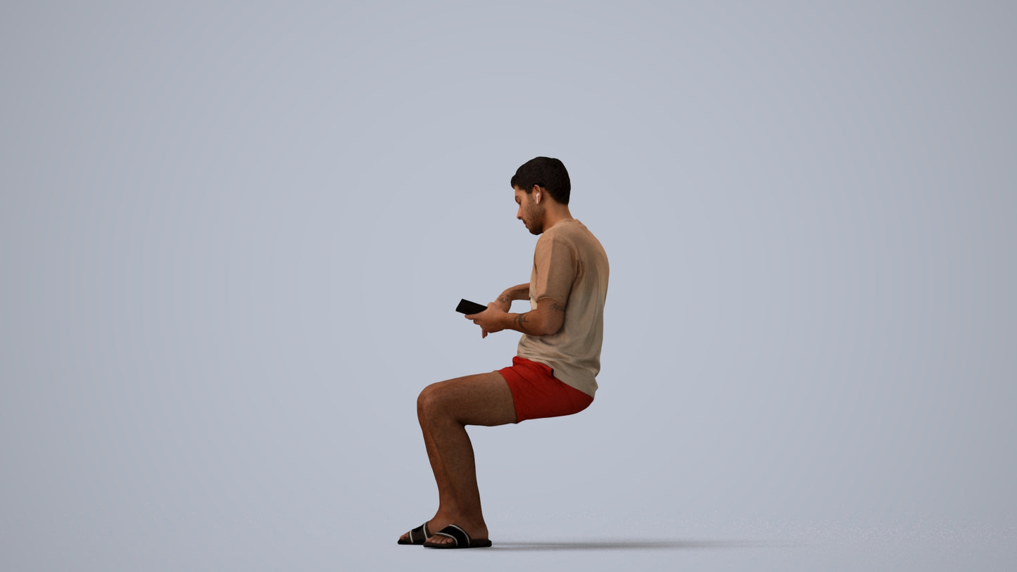 realistic 3D man casual sitting, scanned archviz people for Blender and 3ds Max, three-quarter view render