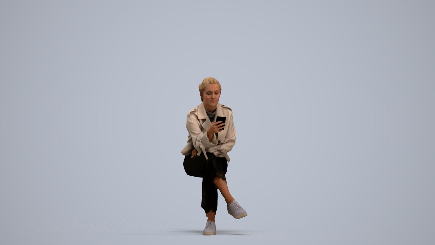 photogrammetry 3D woman casual sitting, realistic human model archviz FBX, standing pose render