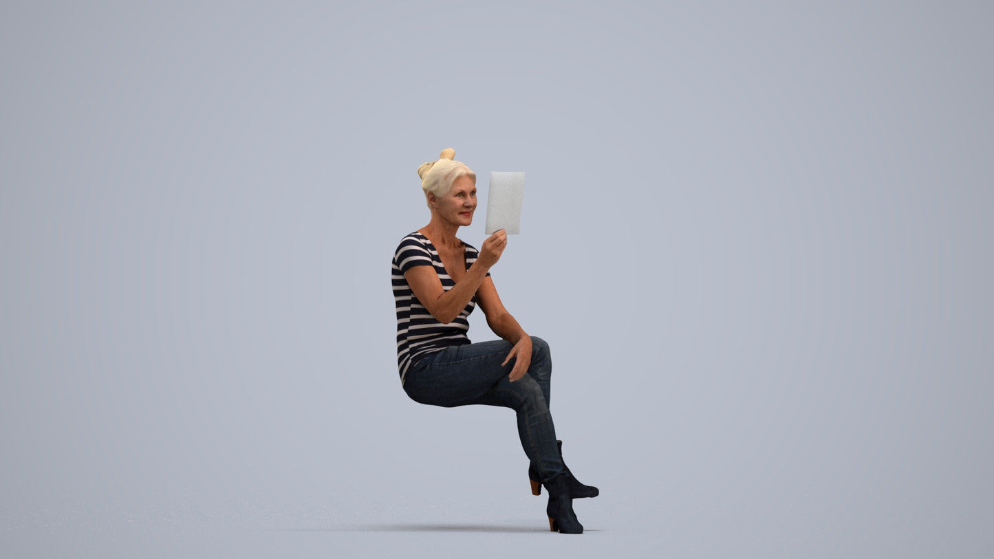 3D scanned senior woman sitting casual, photorealistic archviz people for Enscape and SketchUp, standing pose render