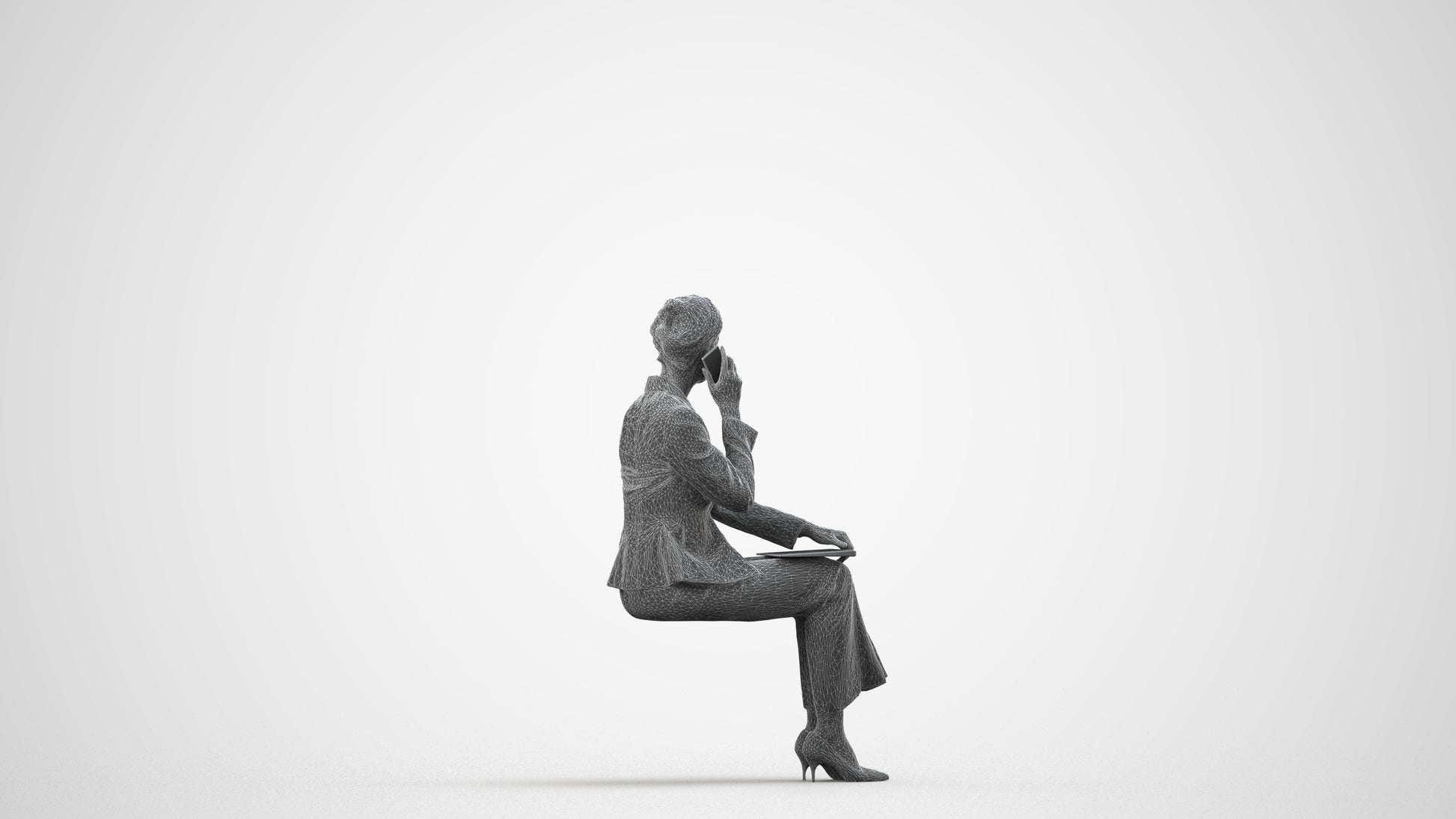 3D human model woman casual mix, photogrammetry scanned person for archviz, wireframe side view
