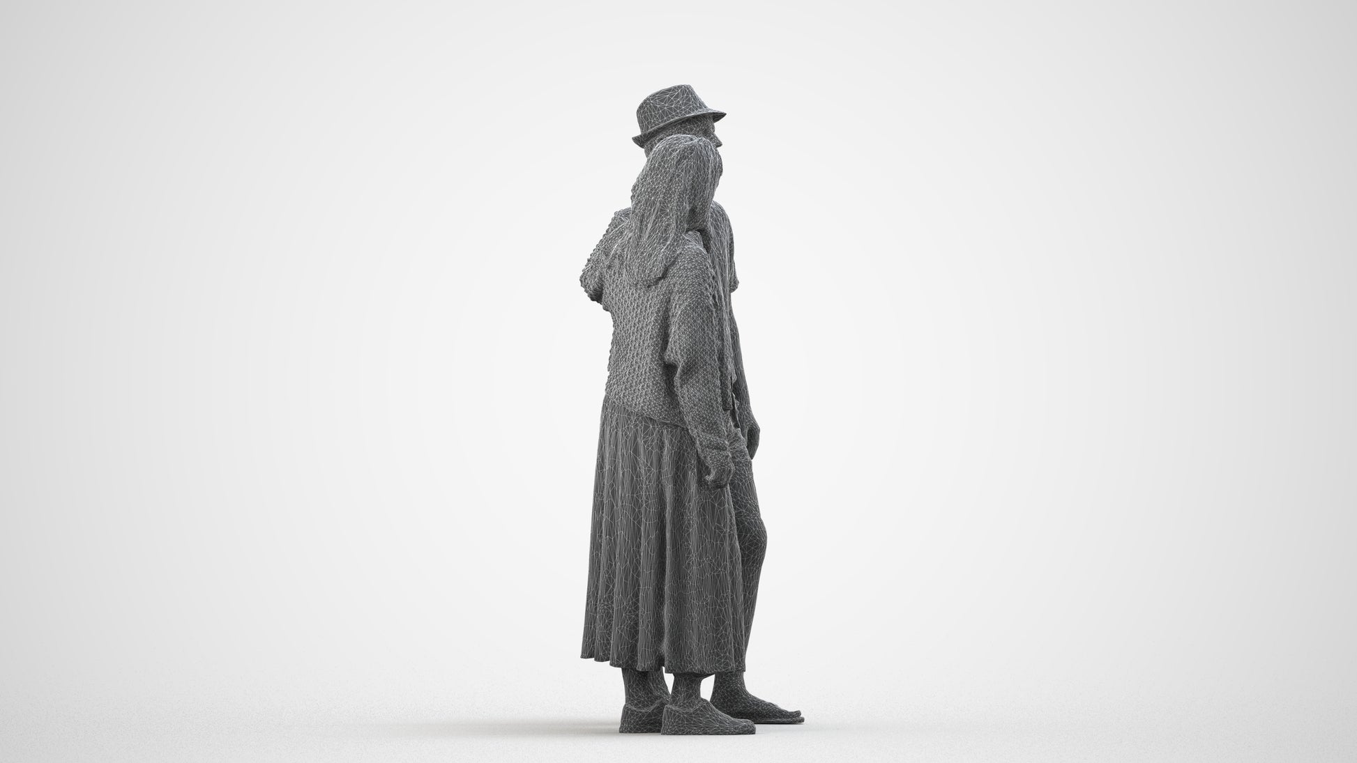 3D human model woman standing, photogrammetry scanned person for archviz, wireframe side view