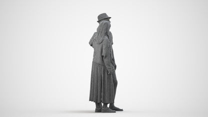 3D human model woman standing, photogrammetry scanned person for archviz, wireframe side view