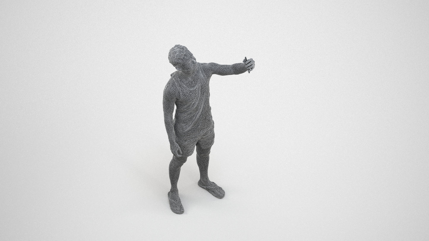 photogrammetry 3D man casual standing, realistic human model archviz FBX, wireframe three-quarter view