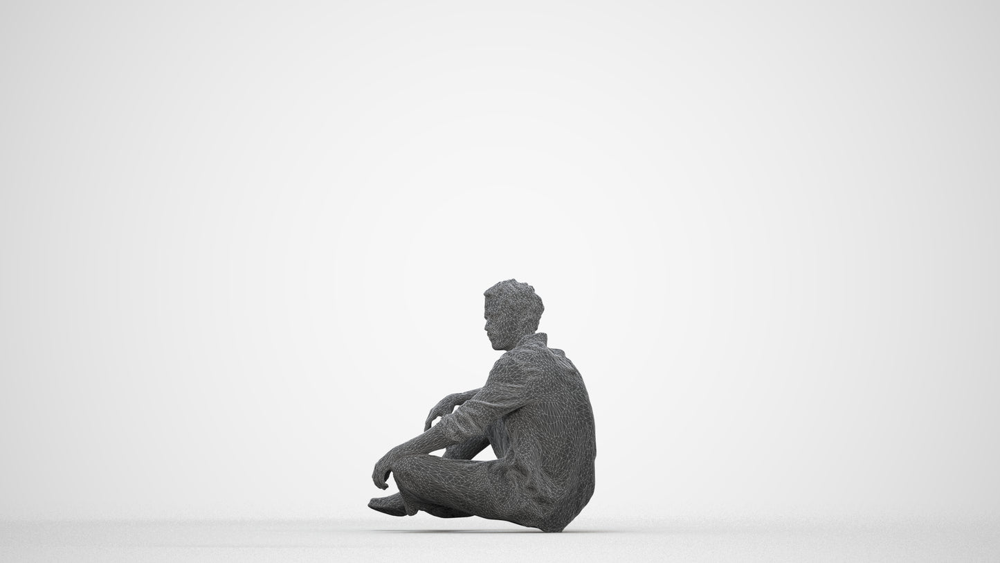 scanned 3D man casual sitting, photogrammetry people for Enscape and V-Ray, wireframe back view