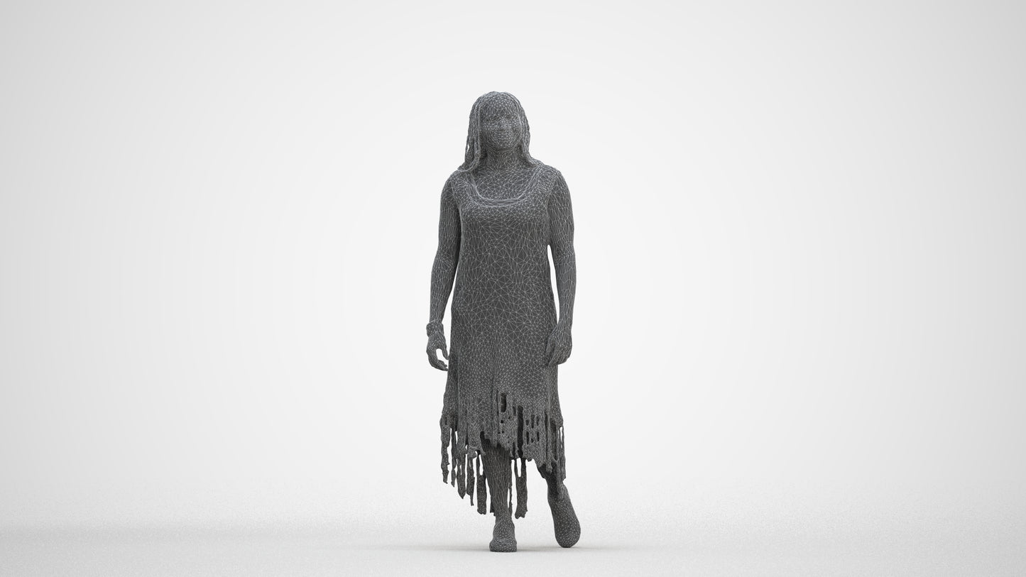 3D human model woman casual standing, photogrammetry scanned person for archviz, three-quarter front view render