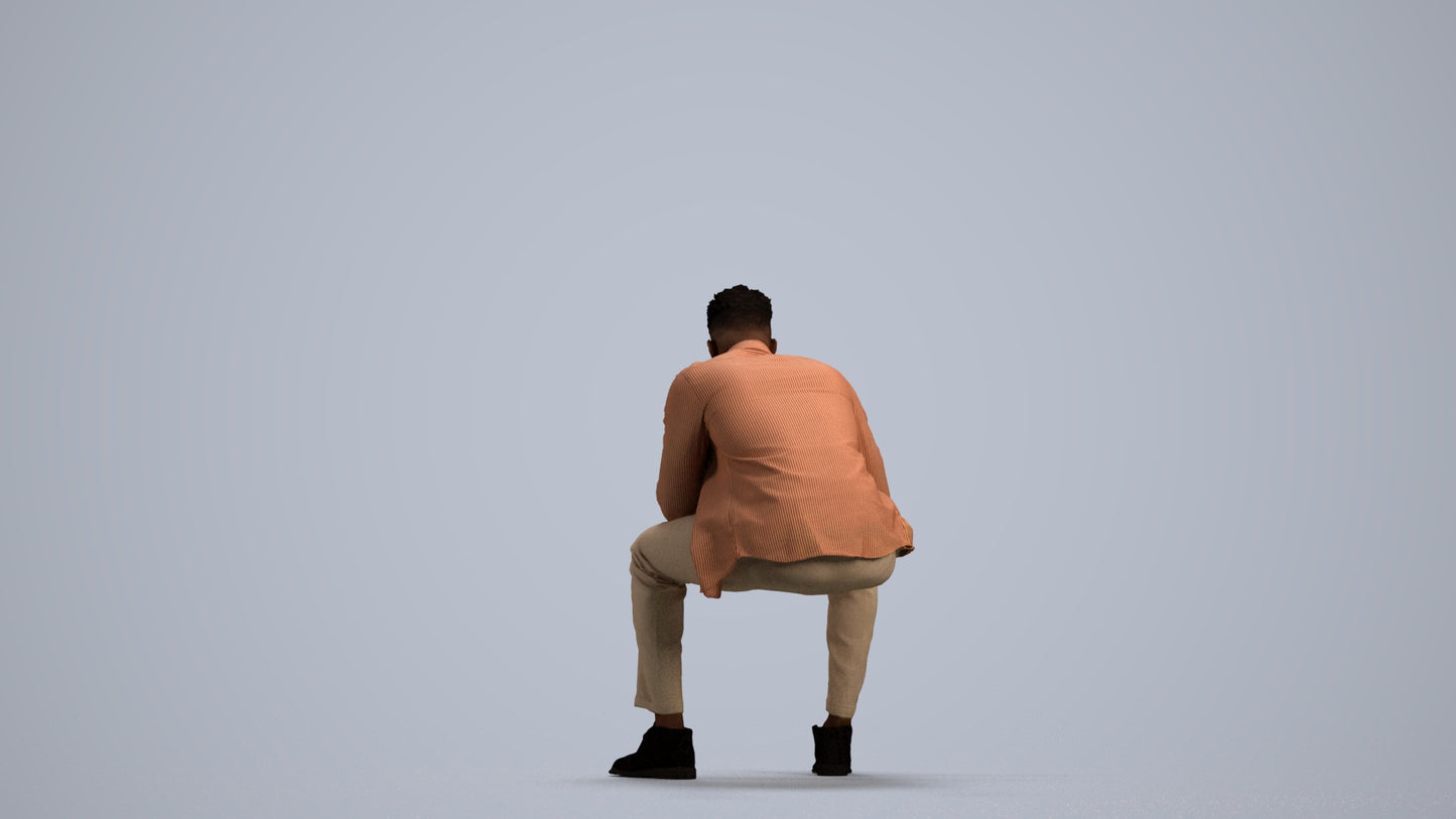 3D human model man casual sitting, photogrammetry scanned person for archviz, front view render