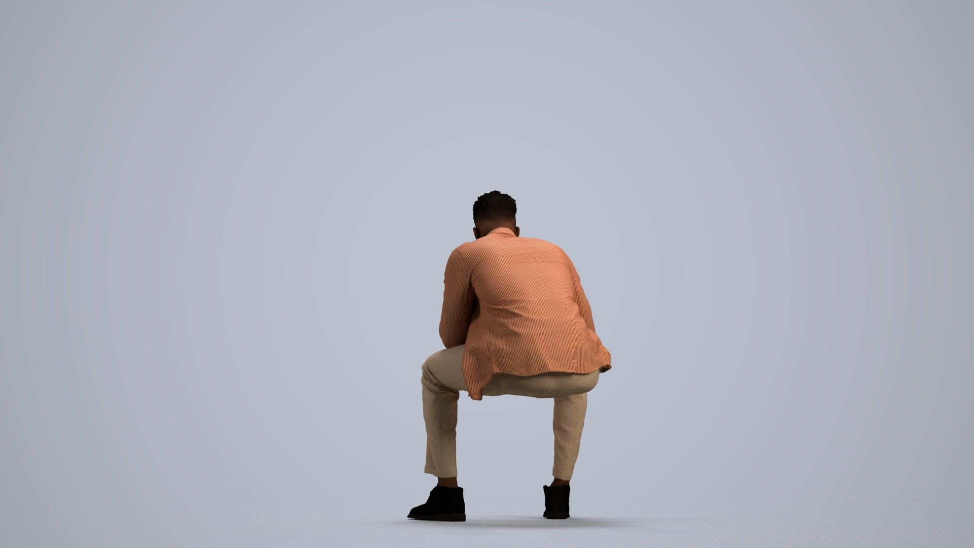 3D human model man casual sitting, photogrammetry scanned person for archviz, front view render
