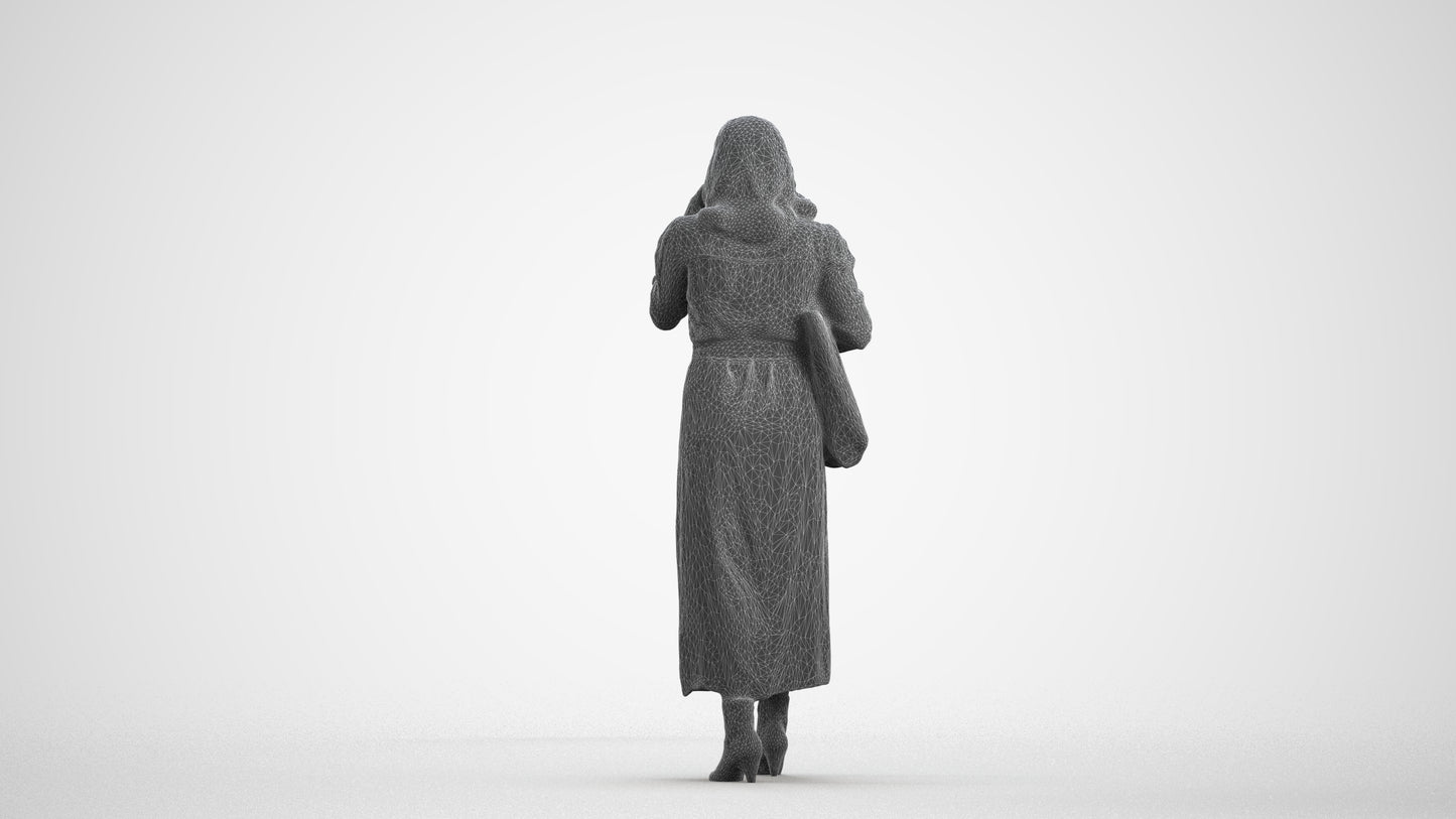 3D human model woman casual walking, photogrammetry scanned person for archviz, wireframe front view