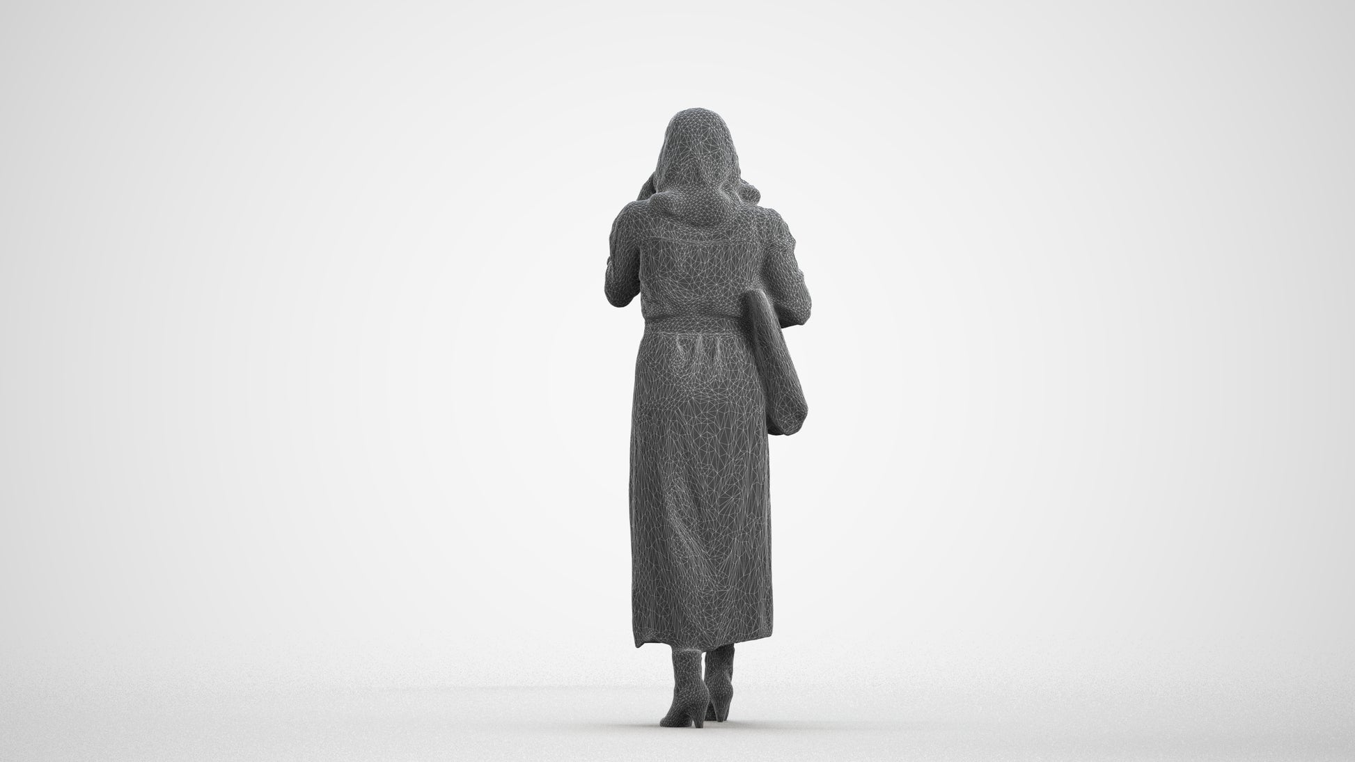 3D human model woman casual walking, photogrammetry scanned person for archviz, wireframe front view