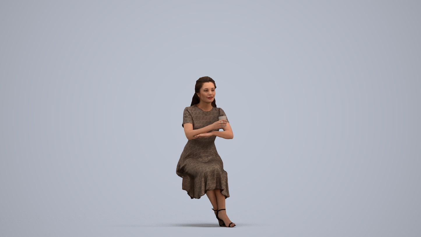 3D human model woman casual sitting, photogrammetry scanned person for archviz, standing pose render