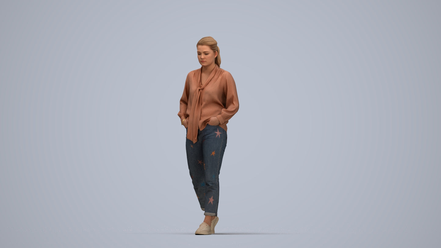 photogrammetry 3D woman casual walking, realistic human model archviz FBX, top-down view render