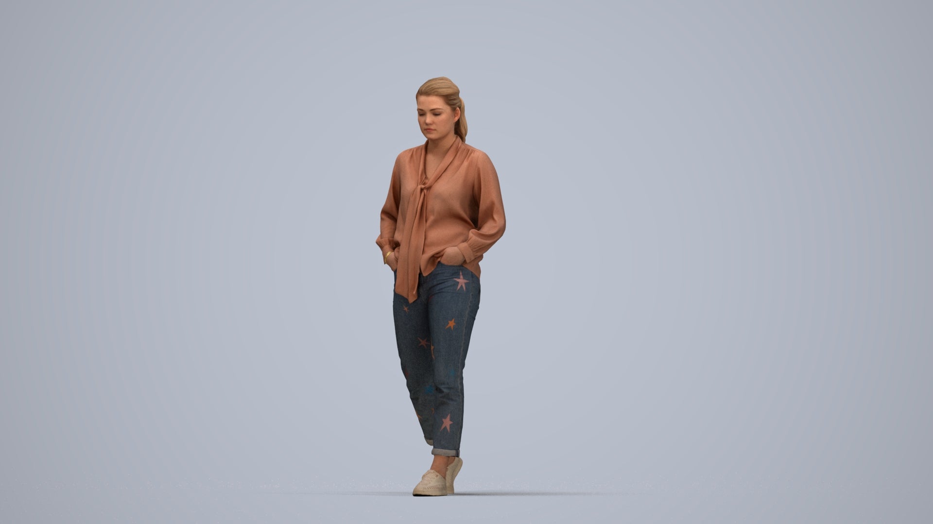 photogrammetry 3D woman casual walking, realistic human model archviz FBX, top-down view render