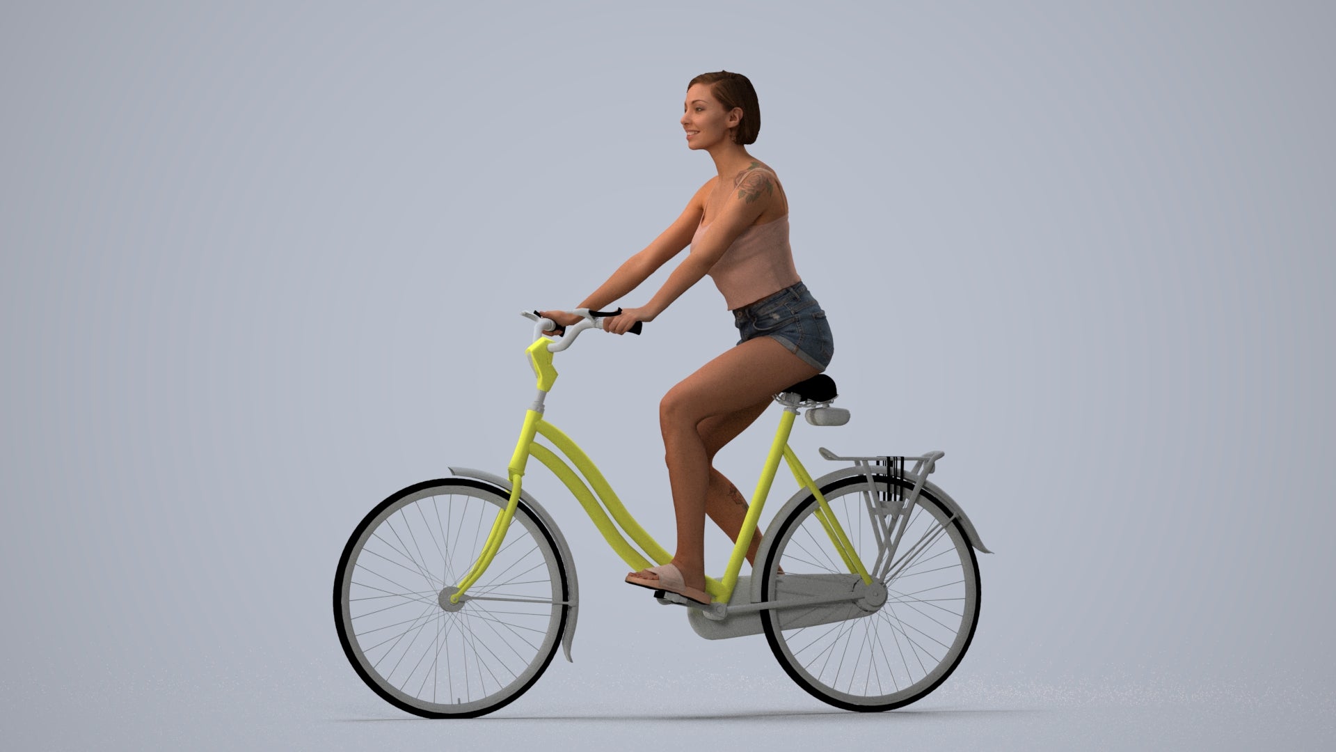 3D human model woman casual cycling, photogrammetry scanned person for archviz, three-quarter view render