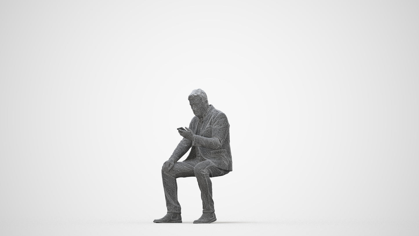 3D scanned man sitting business, photorealistic archviz people for Enscape and SketchUp, wireframe back view
