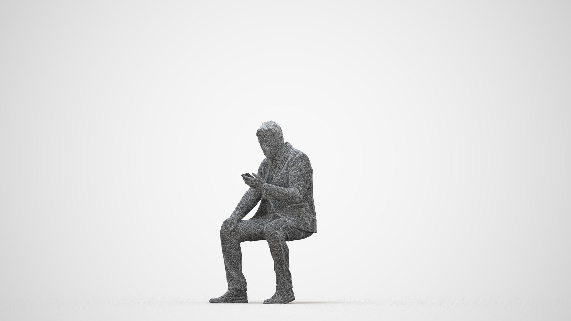 3D scanned man sitting business, photorealistic archviz people for Enscape and SketchUp, wireframe back view