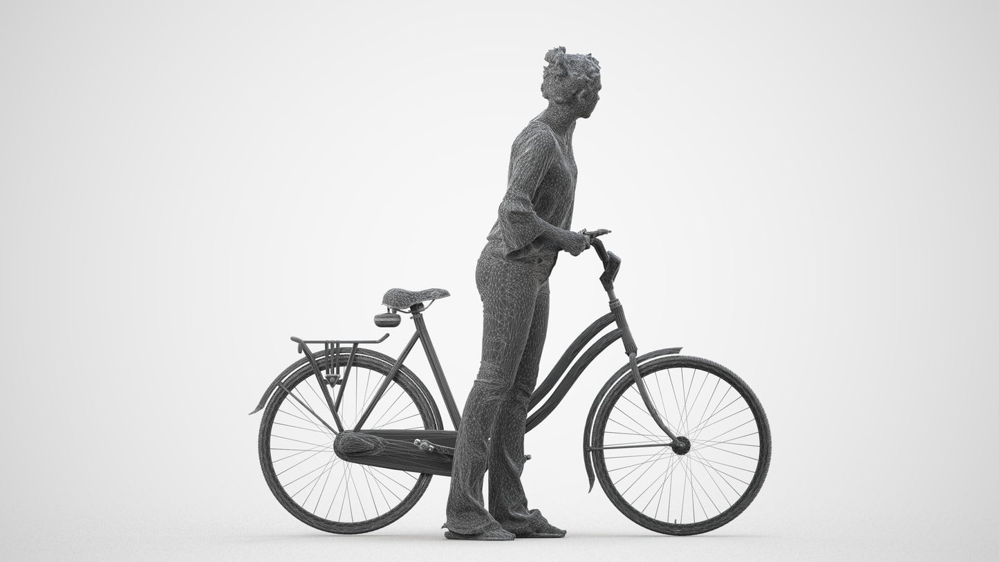 realistic 3D people woman casual cycling, render-ready for V-Ray and Corona, FBX OBJ, wireframe side view