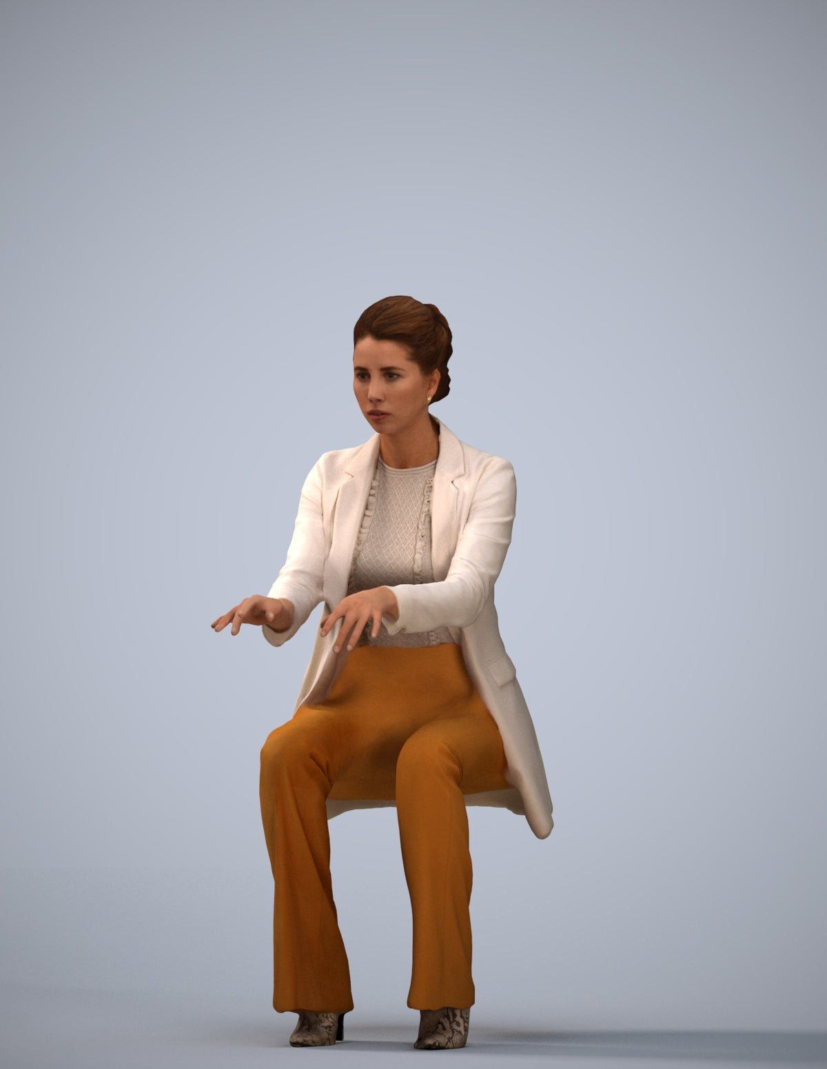 realistic 3D woman business sitting, scanned archviz people for Blender and 3ds Max