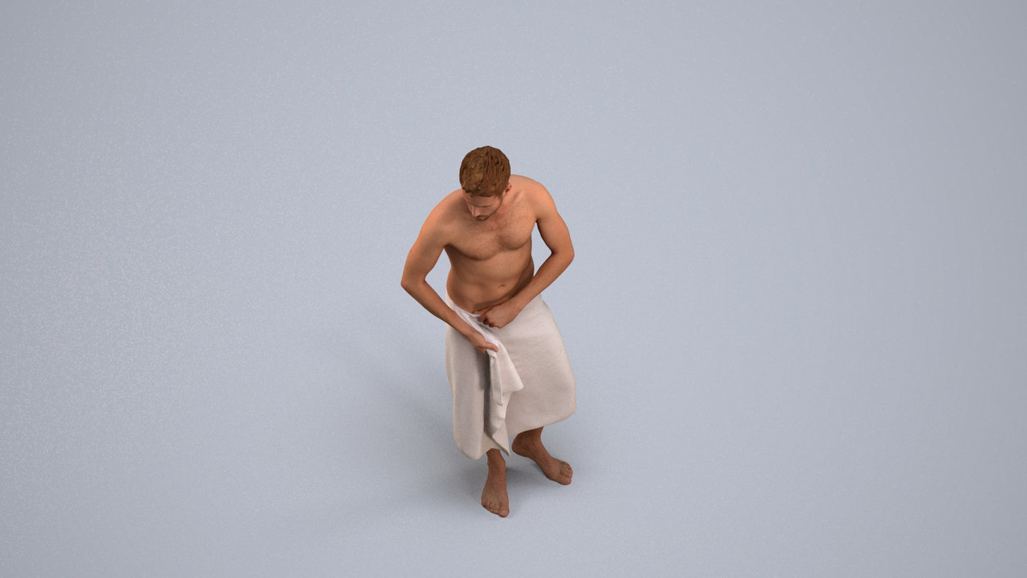 3D human model man casual bathroom, photogrammetry scanned person for archviz, back view render