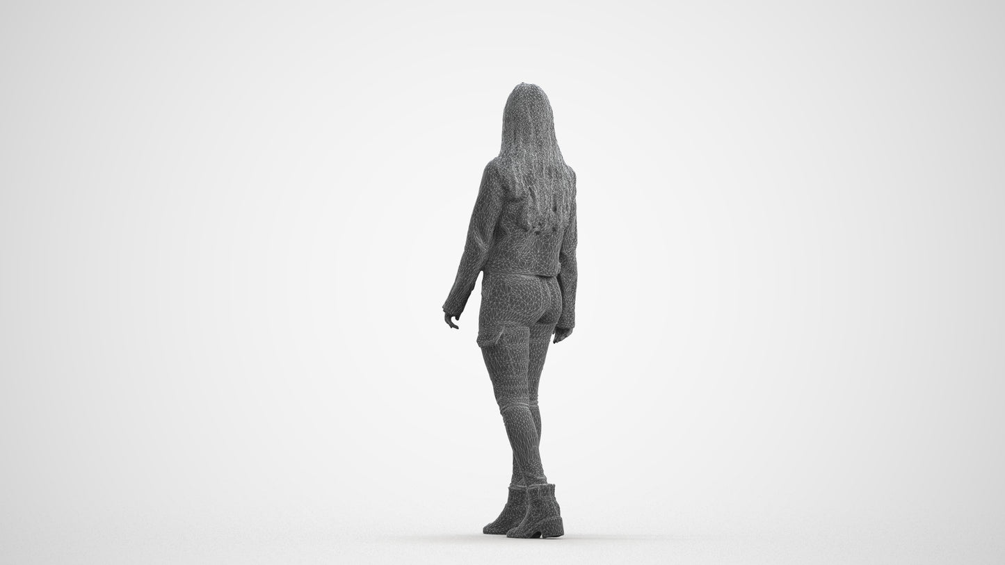 realistic 3D woman casual walking, scanned archviz people for Blender and 3ds Max, wireframe front view
