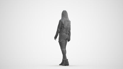 realistic 3D woman casual walking, scanned archviz people for Blender and 3ds Max, wireframe front view