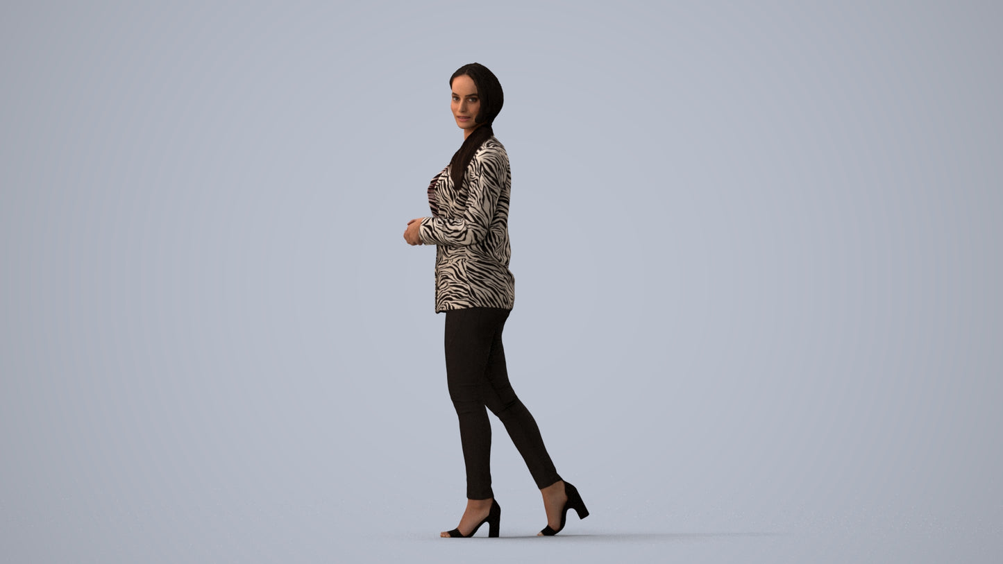 realistic 3D human woman business walking, archviz people FBX OBJ for Blender, three-quarter view render