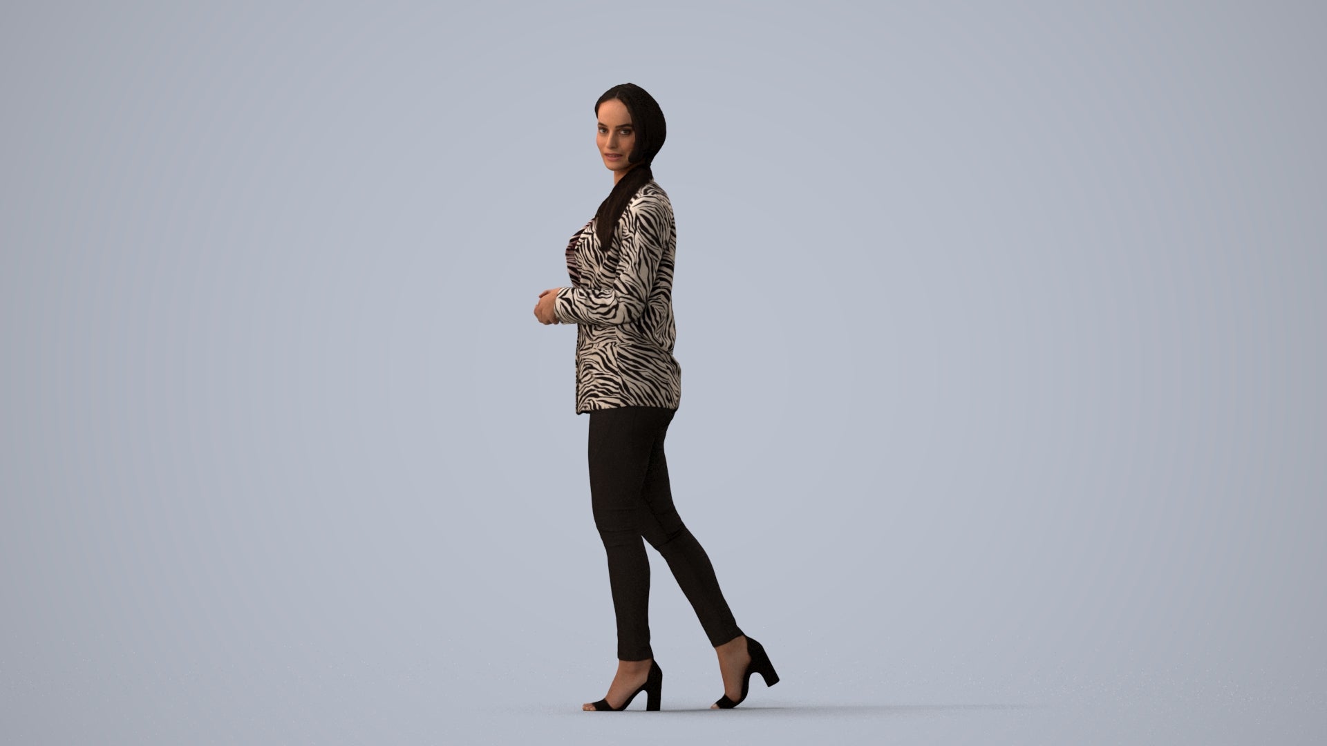 realistic 3D human woman business walking, archviz people FBX OBJ for Blender, three-quarter view render