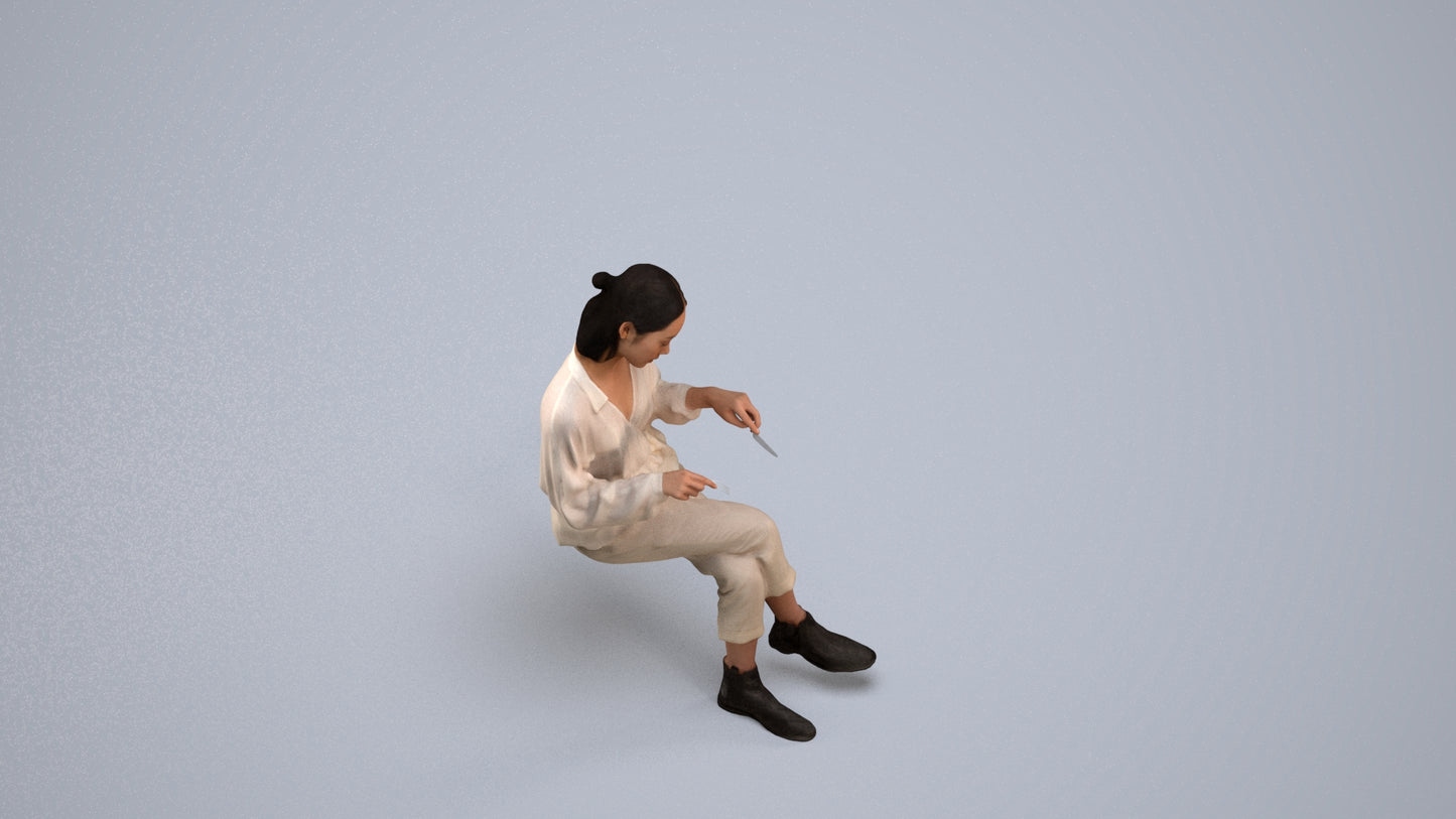 realistic 3D woman casual sitting, scanned archviz people for Blender and 3ds Max, back view render