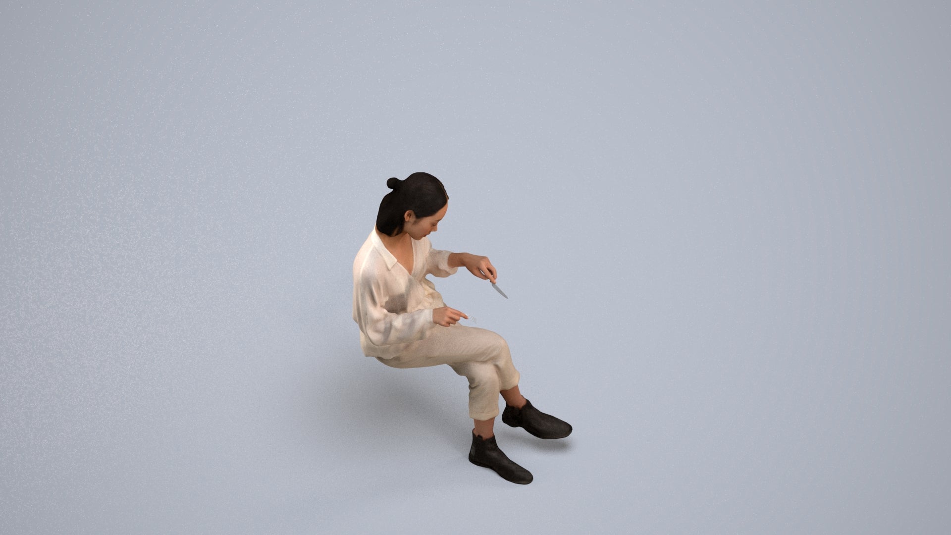 realistic 3D woman casual sitting, scanned archviz people for Blender and 3ds Max, back view render