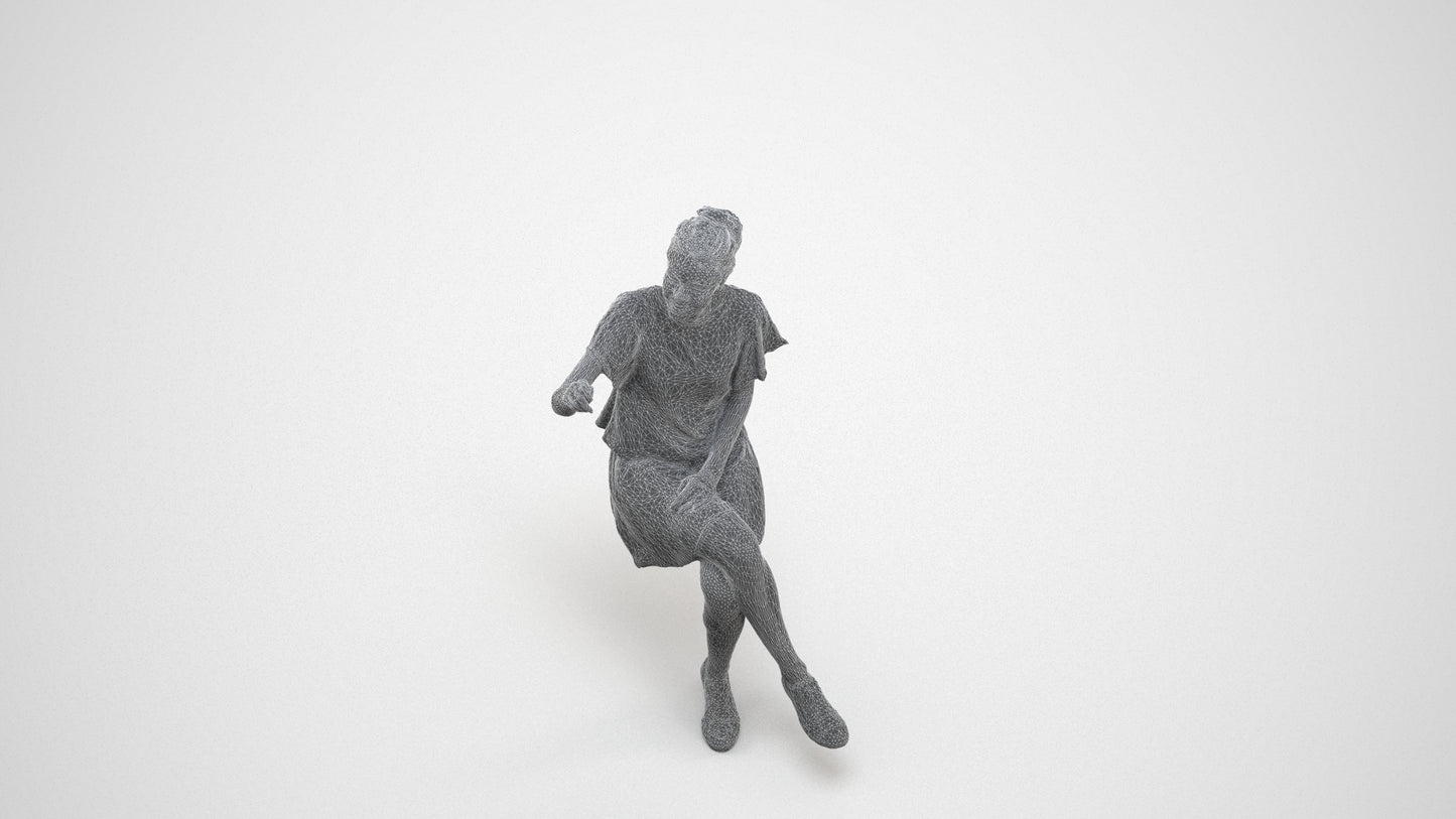 3D human model woman casual sitting, photogrammetry scanned person for archviz, wireframe three-quarter view