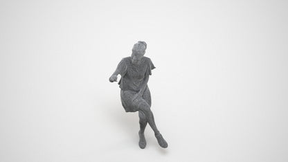 3D human model woman casual sitting, photogrammetry scanned person for archviz, wireframe three-quarter view