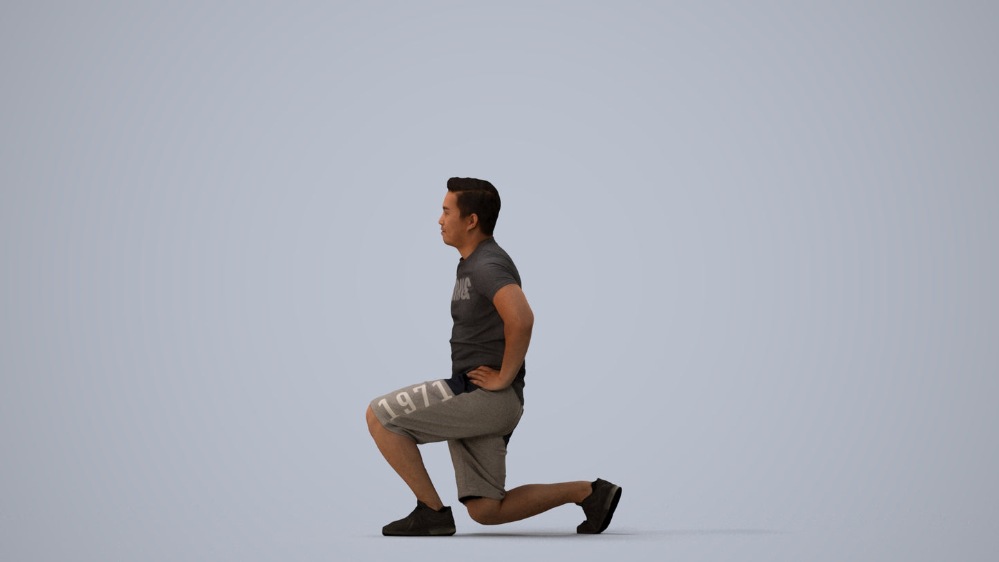 3D human model man sport, photogrammetry scanned person for archviz, three-quarter view render